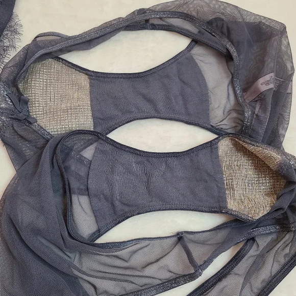 VS Dream Angels 3pc Bra & Panties Set Size 34E/med ☆ Gray Sparkle Lace - Picture 5 of 7